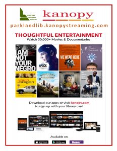 Promotional poster for Kanopy streaming service containing embedded link to a page with further information.