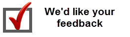 Image of a checked off box with the the text "We'd like your feedback" embedded link leads to a Public Library Services Manitoba site containing a survey.
